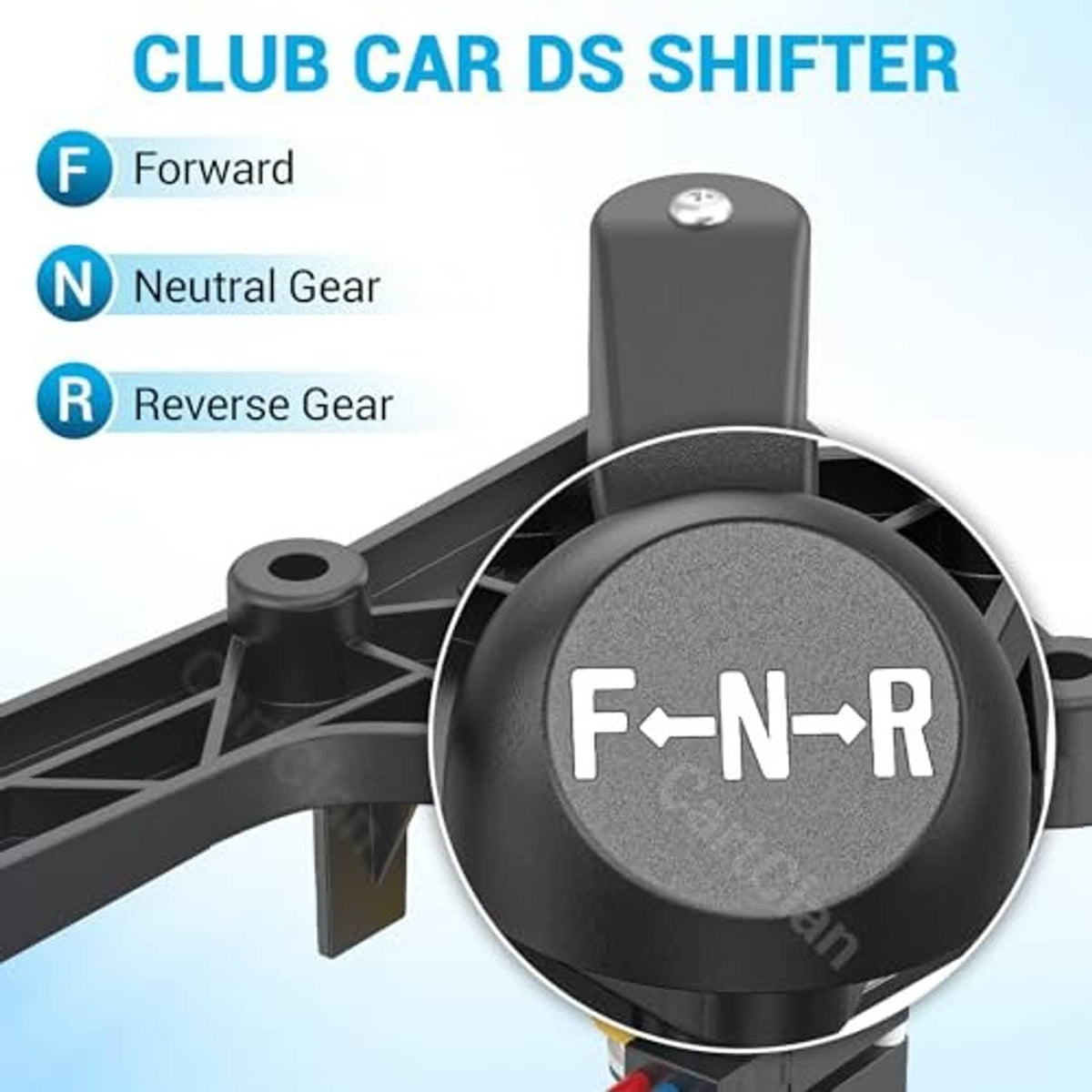 Black F-N-R selector knob on a forward and reverse shifter with neutral center