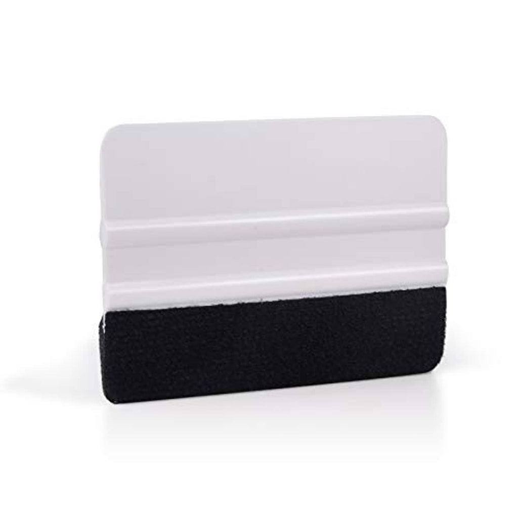 Vinyl squeegee in side view with white scraper blade and black felt contact pad