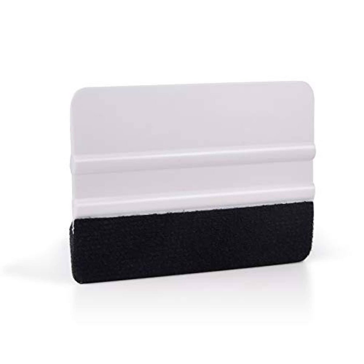 Vinyl squeegee in side view with white scraper blade and black felt contact pad