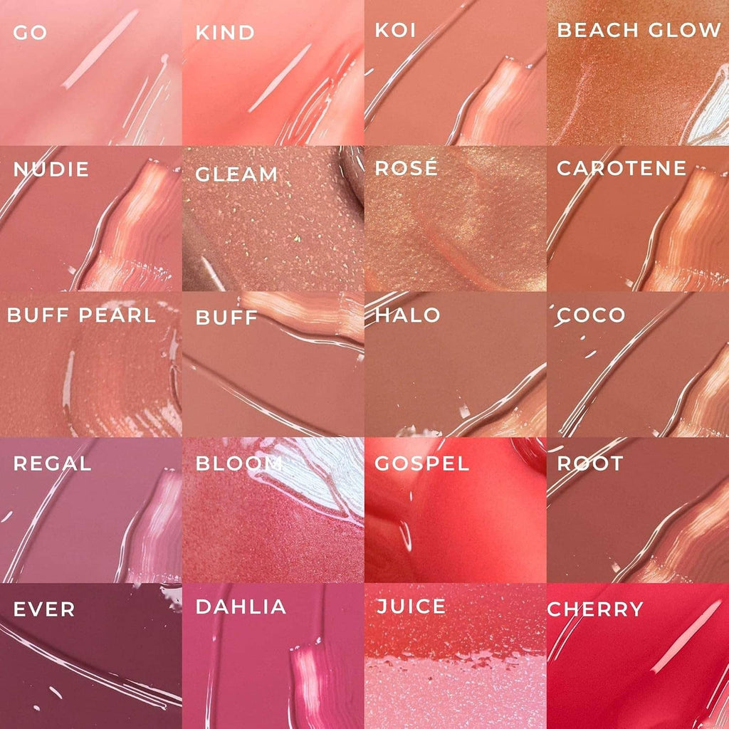 Lip gloss shade swatch chart with glossy streaks across multiple colors