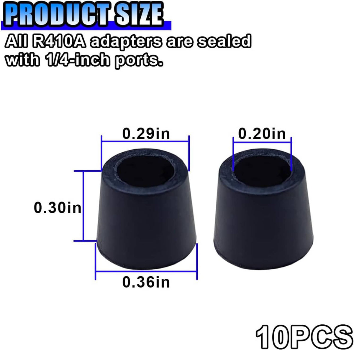 Two black rubber gasket sleeves for A/C charging hose ports, with size diagram