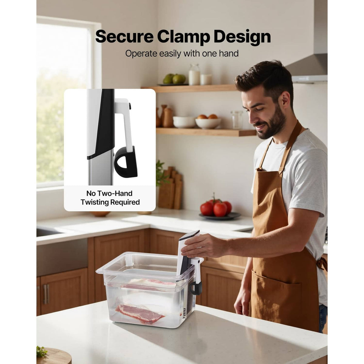 Sous vide precision cooker with secure clamp for one-hand operation