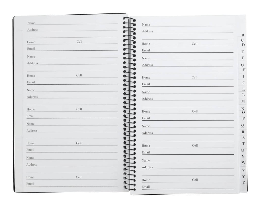 Open address & telephone book showing alphabetical contact sections with printed lines