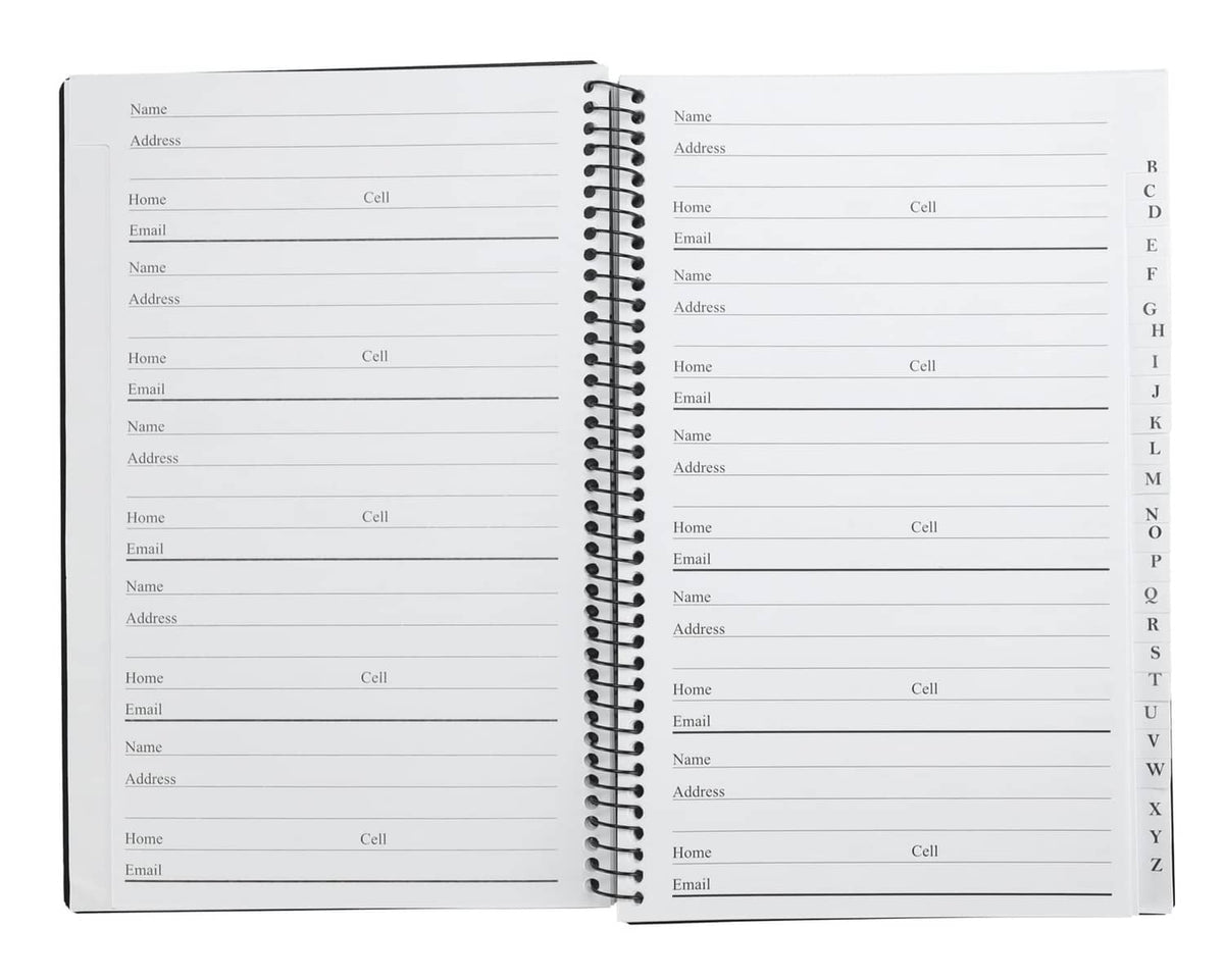 Open address & telephone book showing alphabetical contact sections with printed lines