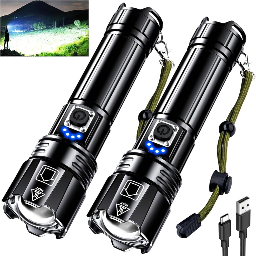 Rechargeable LED flashlight set, two black torches with blue LED and lanyards