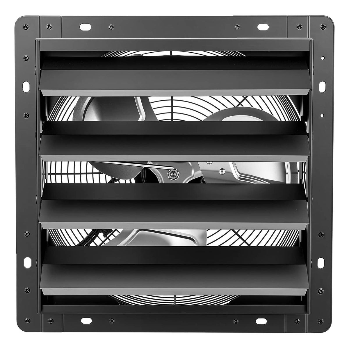 14-inch wall exhaust fan front grille with automatic louvers, visible fan blades inside