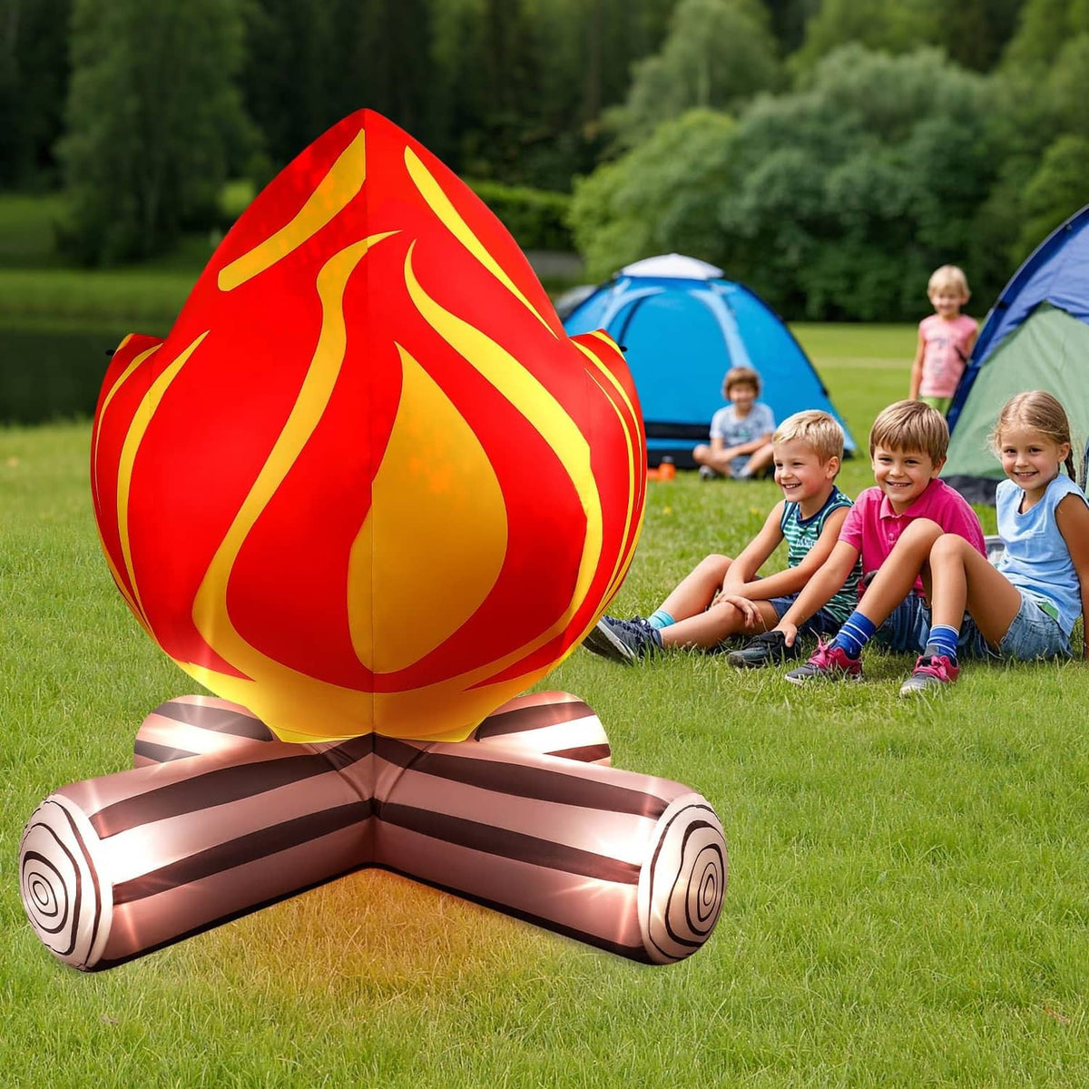Inflatable campfire decoration with red-and-yellow flame and brown log base