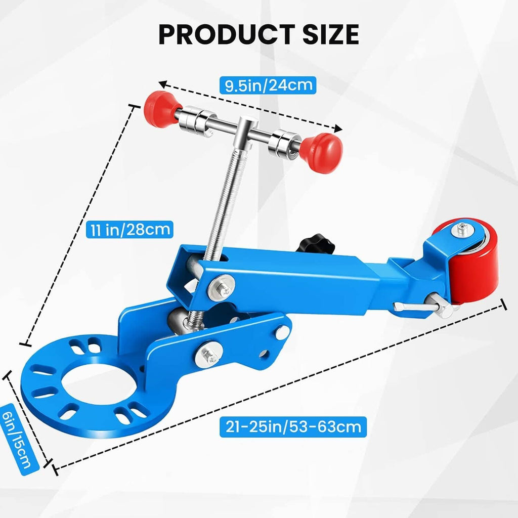 Wheel arch roller tool with red handles and blue base for arch reshaping