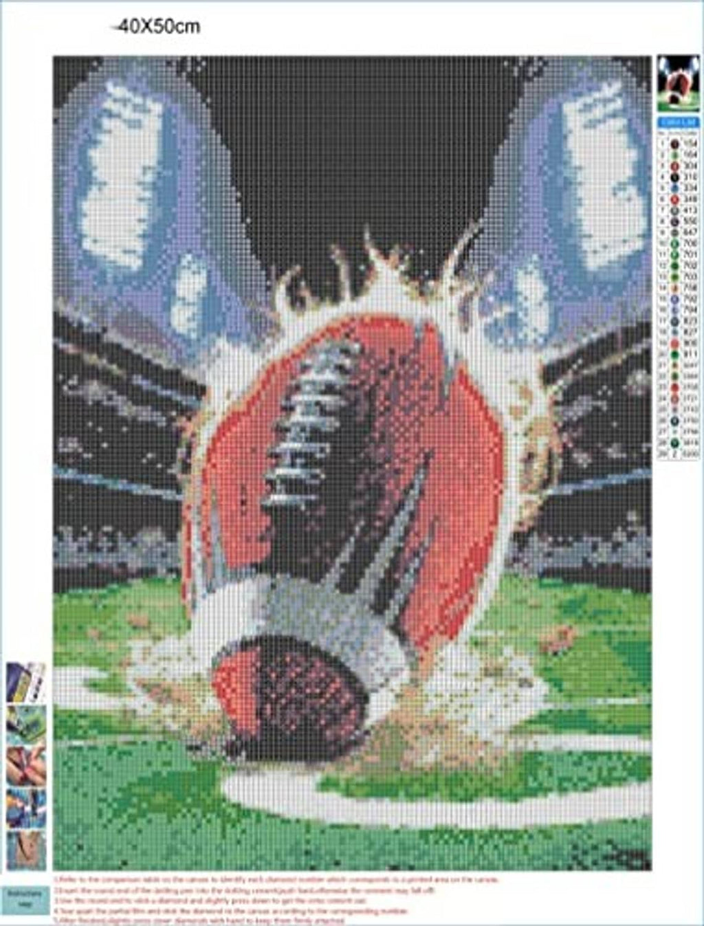 Football-themed 5D diamond painting canvas with numbered color guide and diamond grid