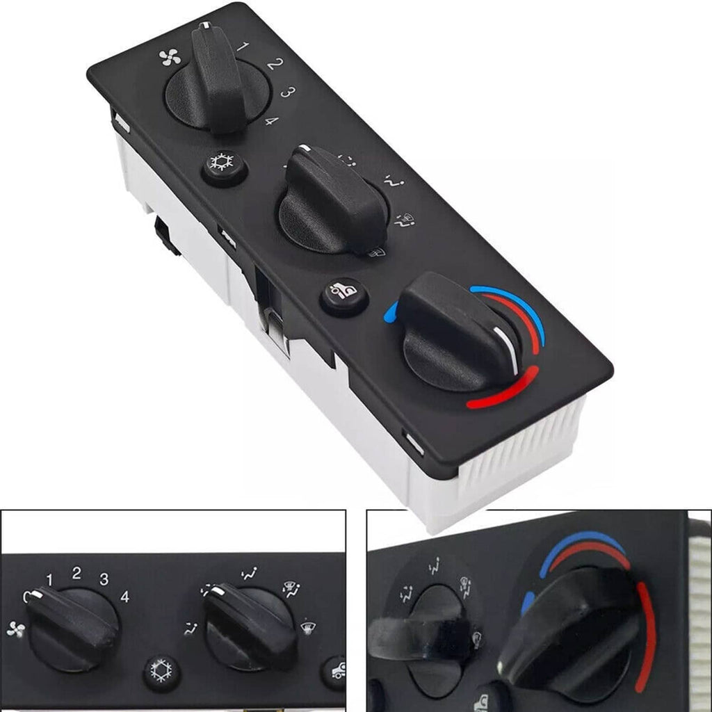 A/C climate control module panel with four black knobs and blue/red temperature dial