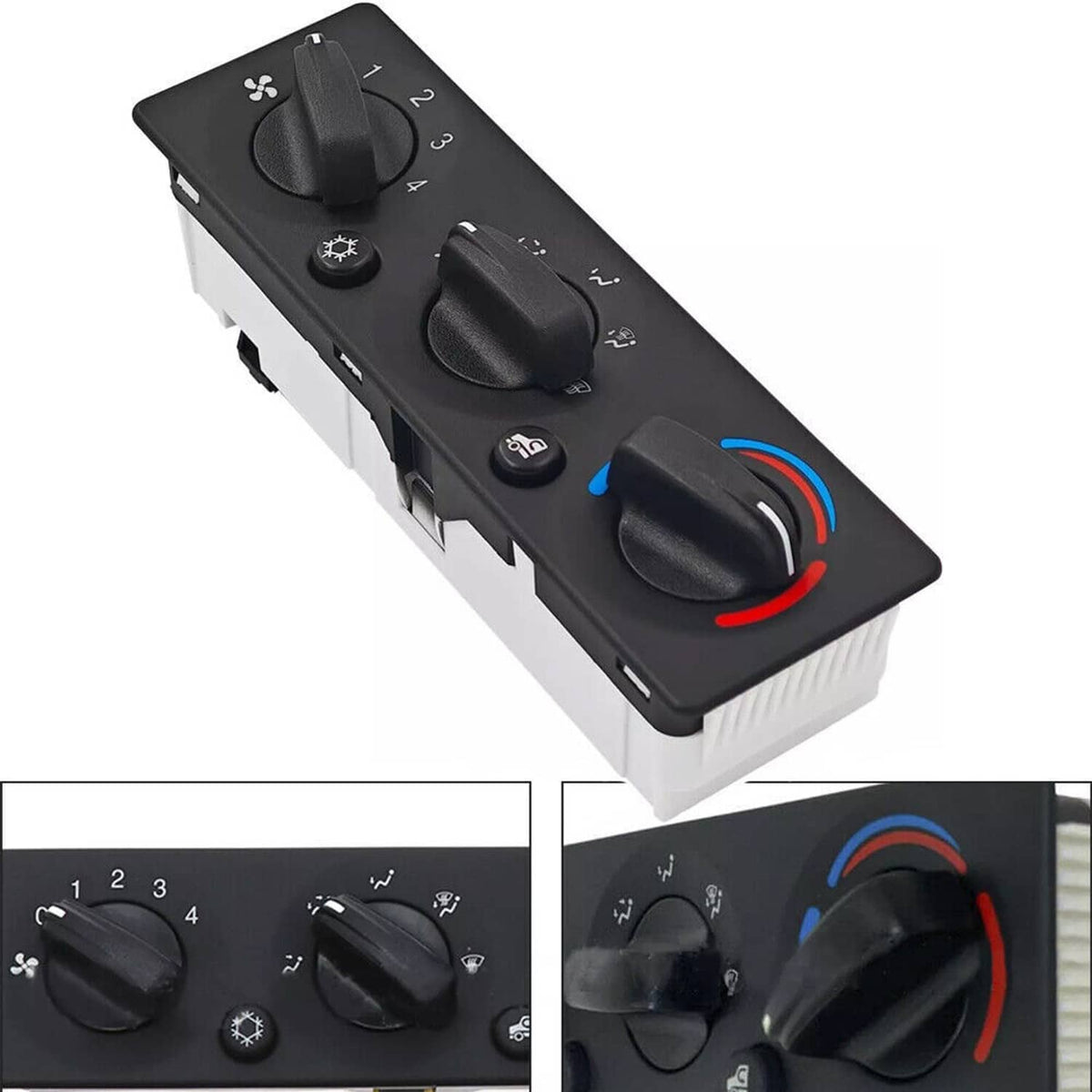A/C climate control module panel with four black knobs and blue/red temperature dial