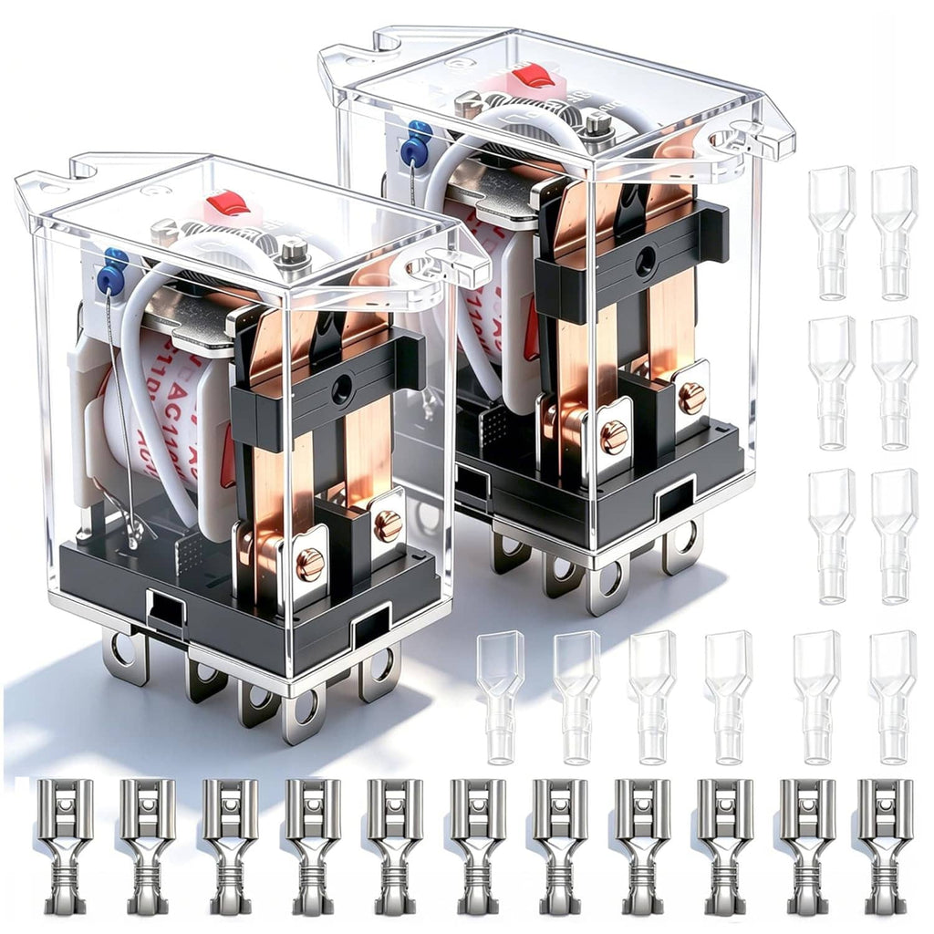 Two DPDT 8-pin electromagnetic power relays with transparent cover and terminal blocks
