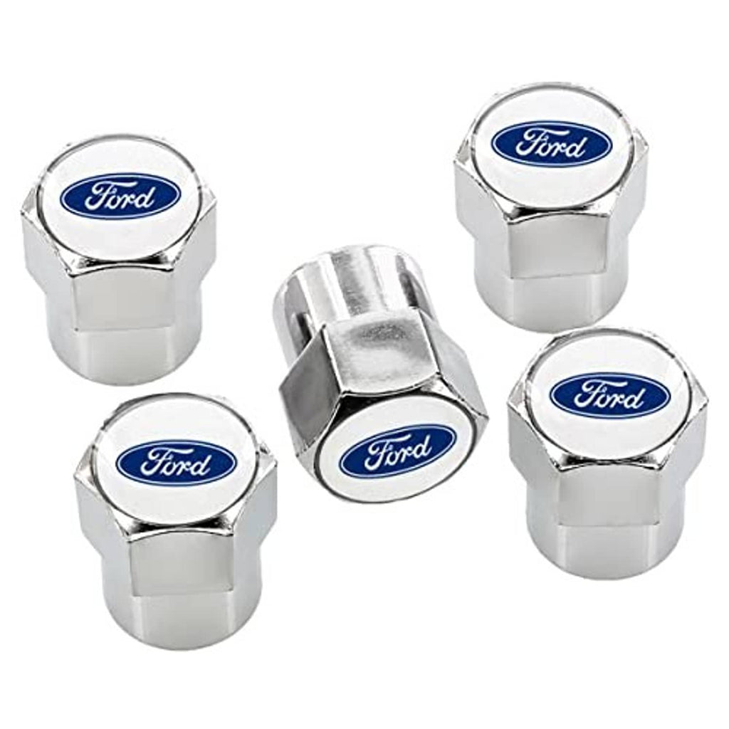 Chrome tire valve cap covers with blue Ford logo and knurled hex-top design