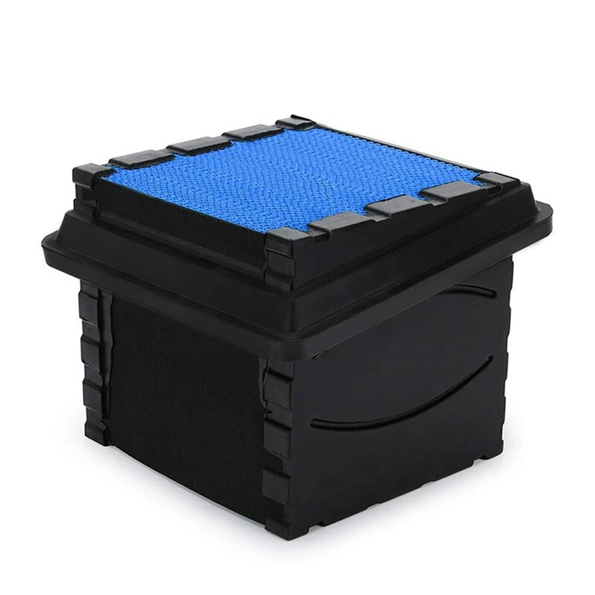 Air filter 3/4 view with blue mesh element and black plastic box