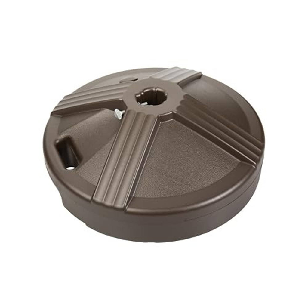 Brown round fillable umbrella base with handhold slot and central mount opening
