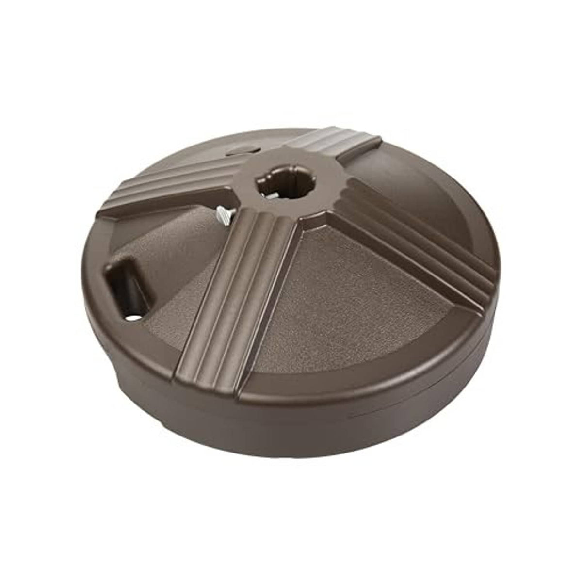Brown round fillable umbrella base with handhold slot and central mount opening