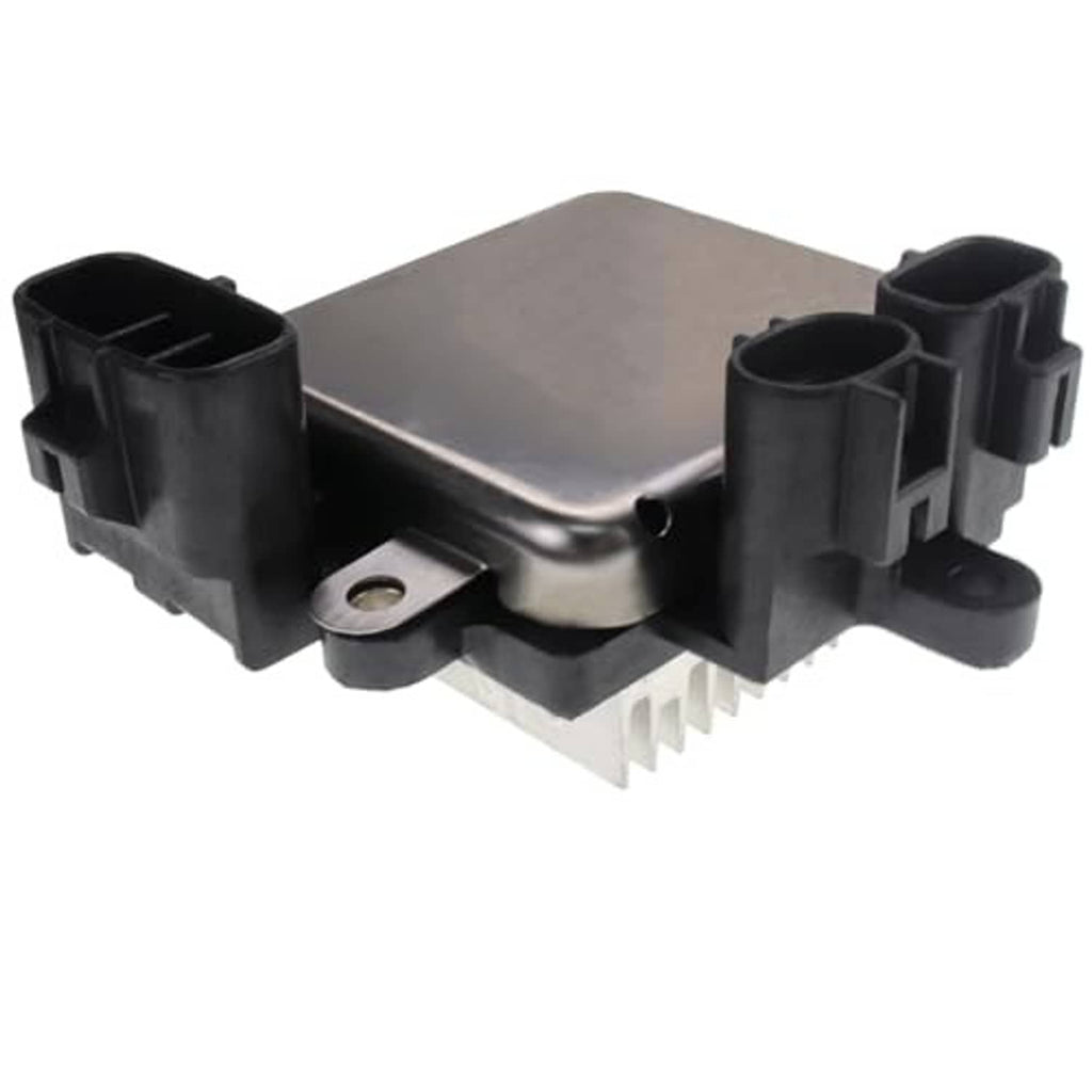 Radiator cooling fan control module, metal plate housing with four black plug ports