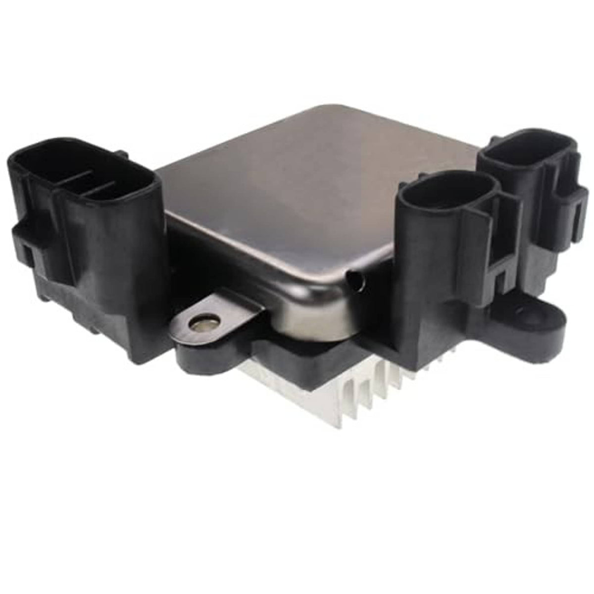Radiator cooling fan control module, metal plate housing with four black plug ports