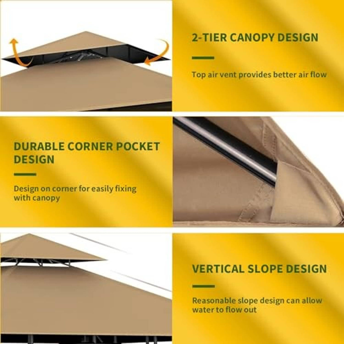 Khaki 2-tier grill gazebo canopy roof with corner pocket and sloped drainage design