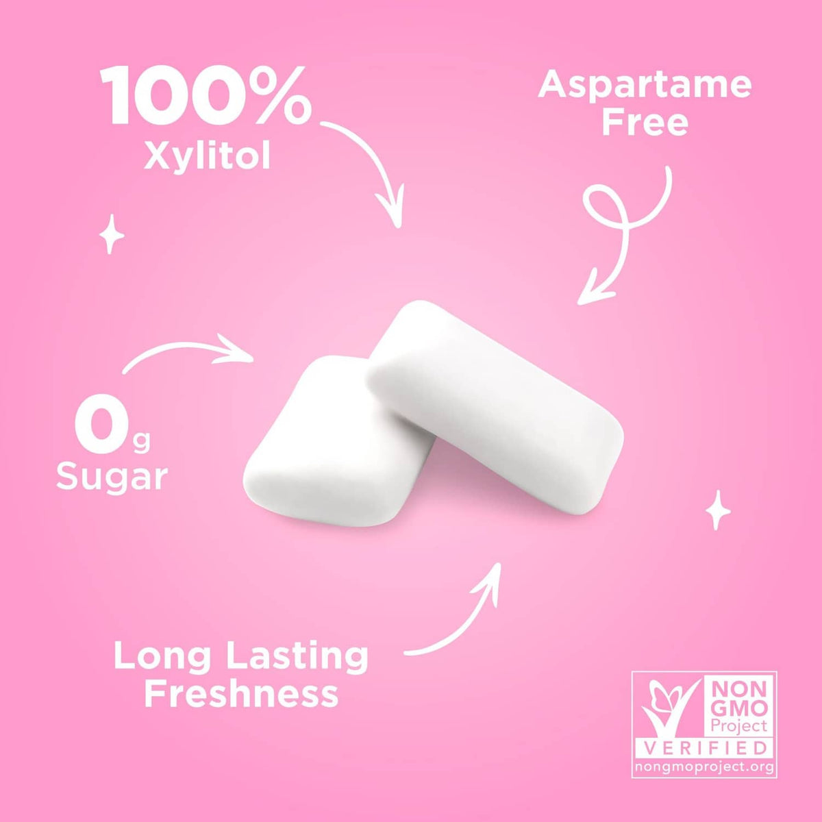 Xylitol bubblegum gum pieces with 100% xylitol, 0 g sugar, long-lasting freshness