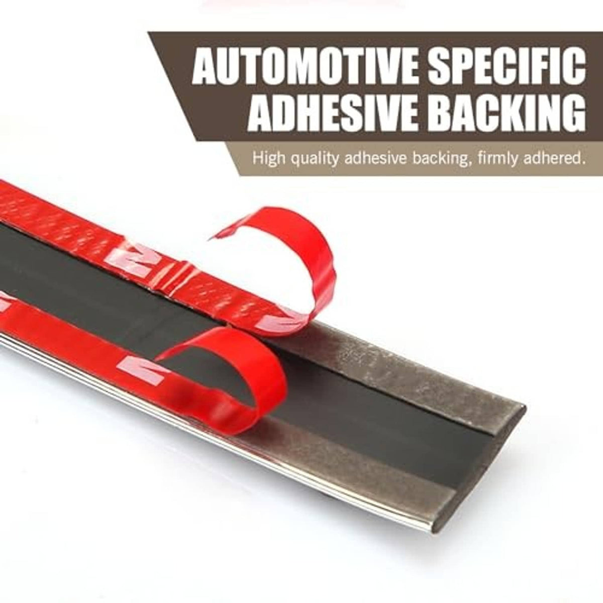 Chrome car trim strip with black backing and red adhesive film