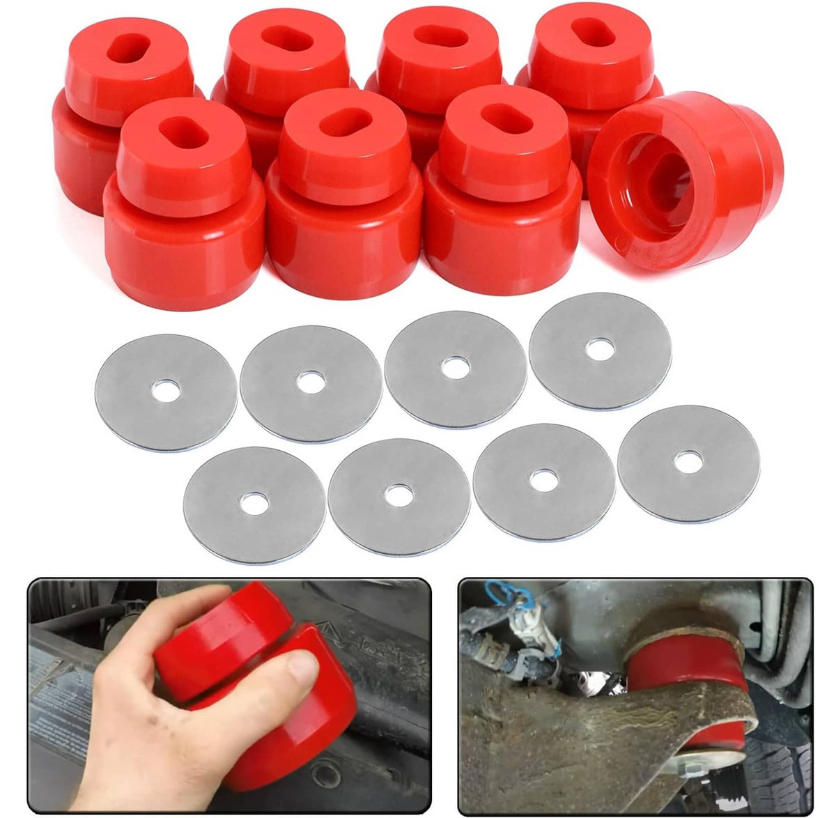 Silicone body cab mount bushing kit with red bushings and gray mounting washers