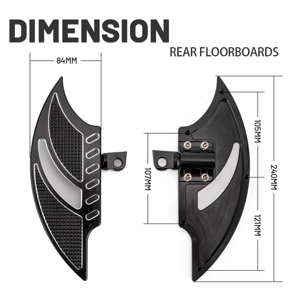 Rear floorboards with mounting hardware, left and right size diagram
