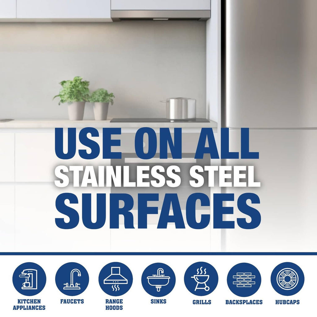 Stainless steel cleaner spray bottle and icons for use on stainless steel surfaces