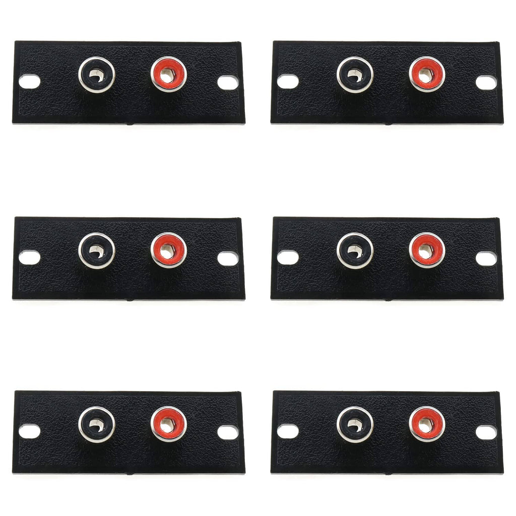 Black RCA terminal wall plates set with two RCA openings per plate and mounting holes.