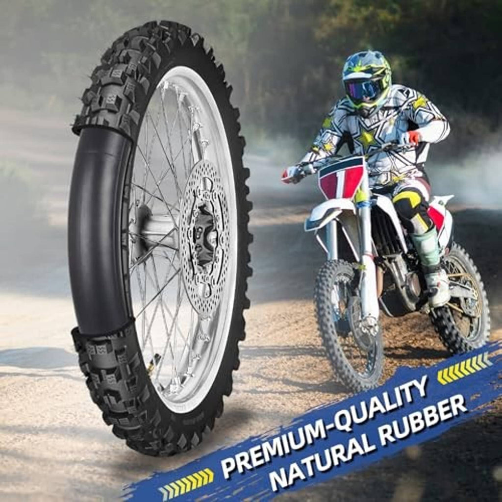 Black inner tube shown beside an off-road dirt bike tire for natural rubber use
