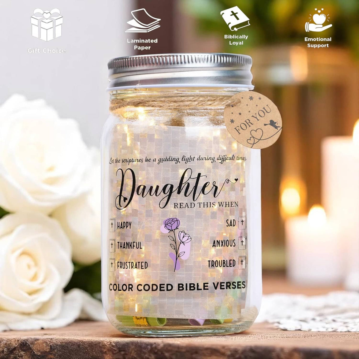 Clear glass LED mason jar with warm glow, “Daughter” and color-coded Bible verse layout