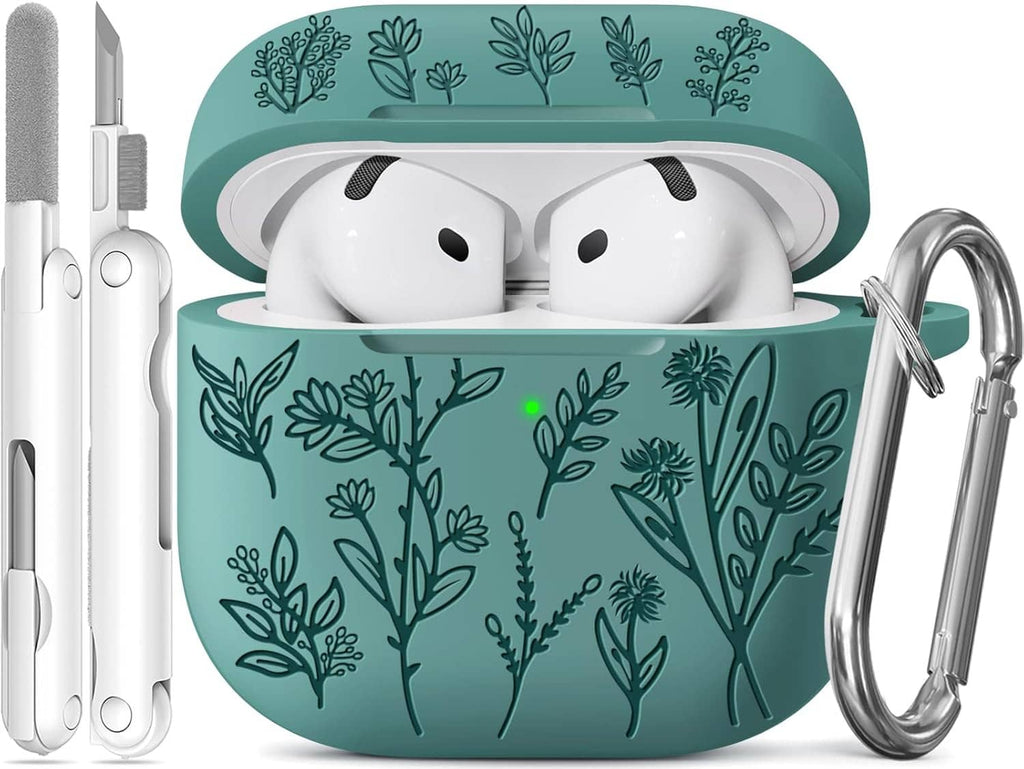 Teal floral engraved AirPods case with key ring, open with earbuds inside