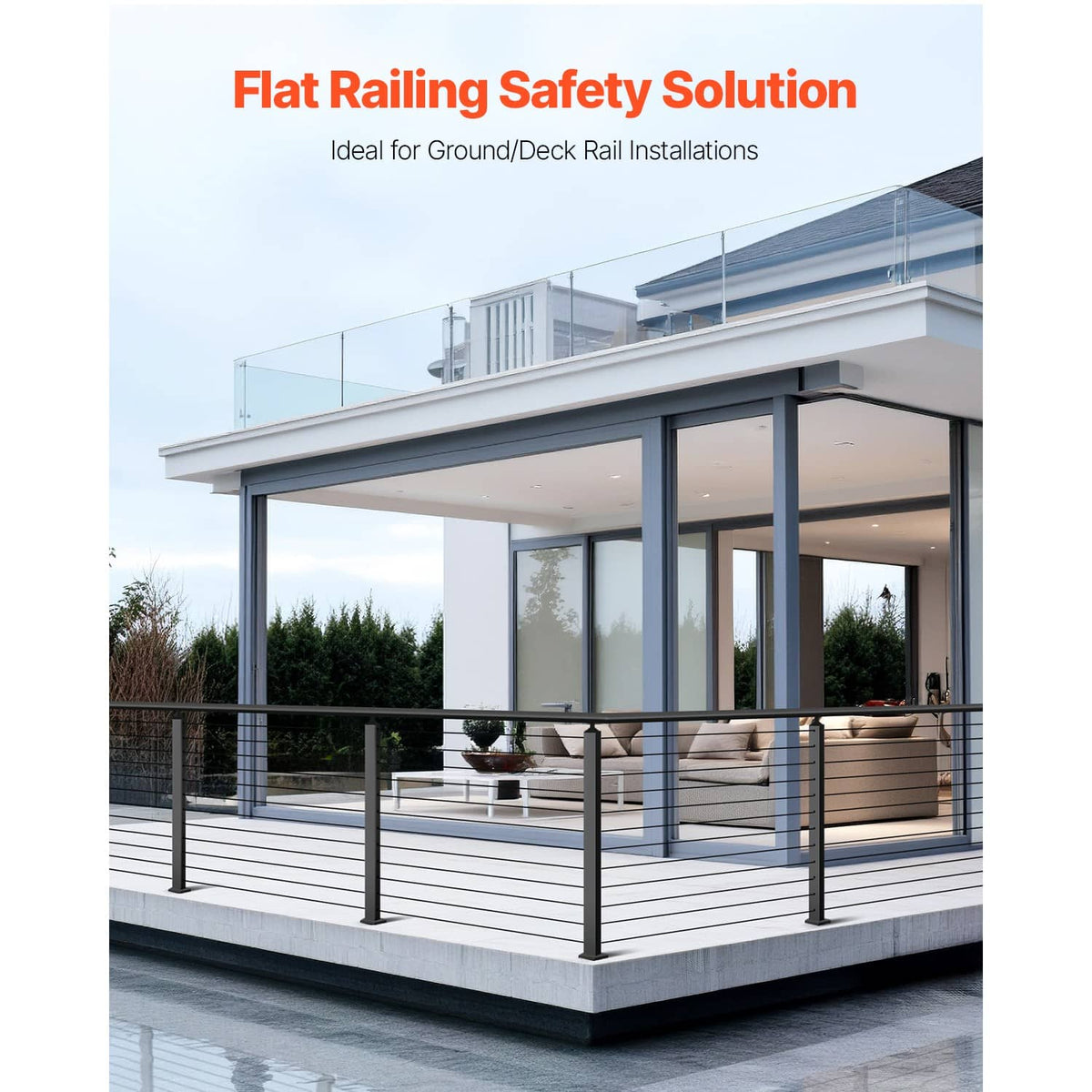 Outdoor deck cable railing system with black posts and top rail