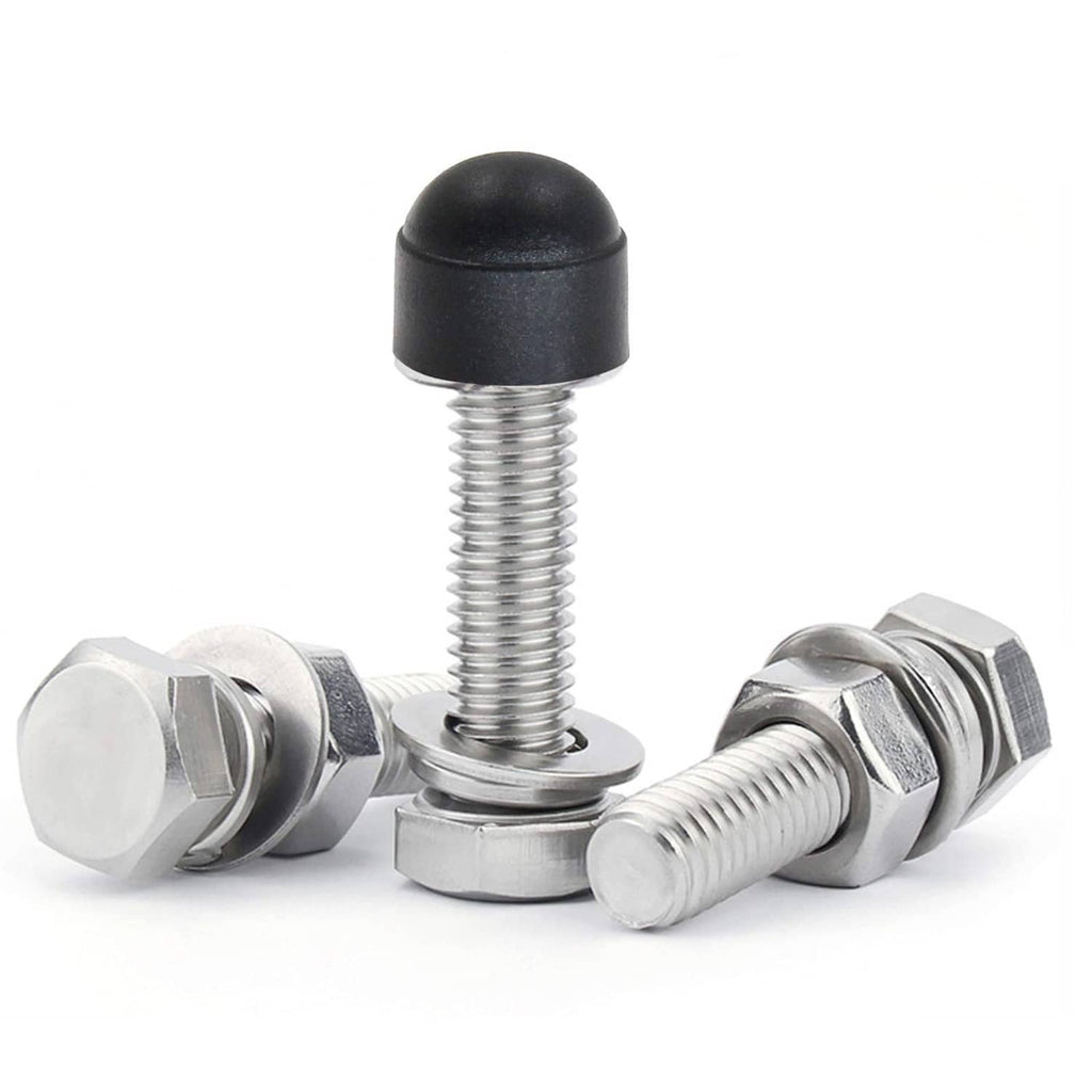 Black domed bolt head cover on silver hex bolts with threaded shafts