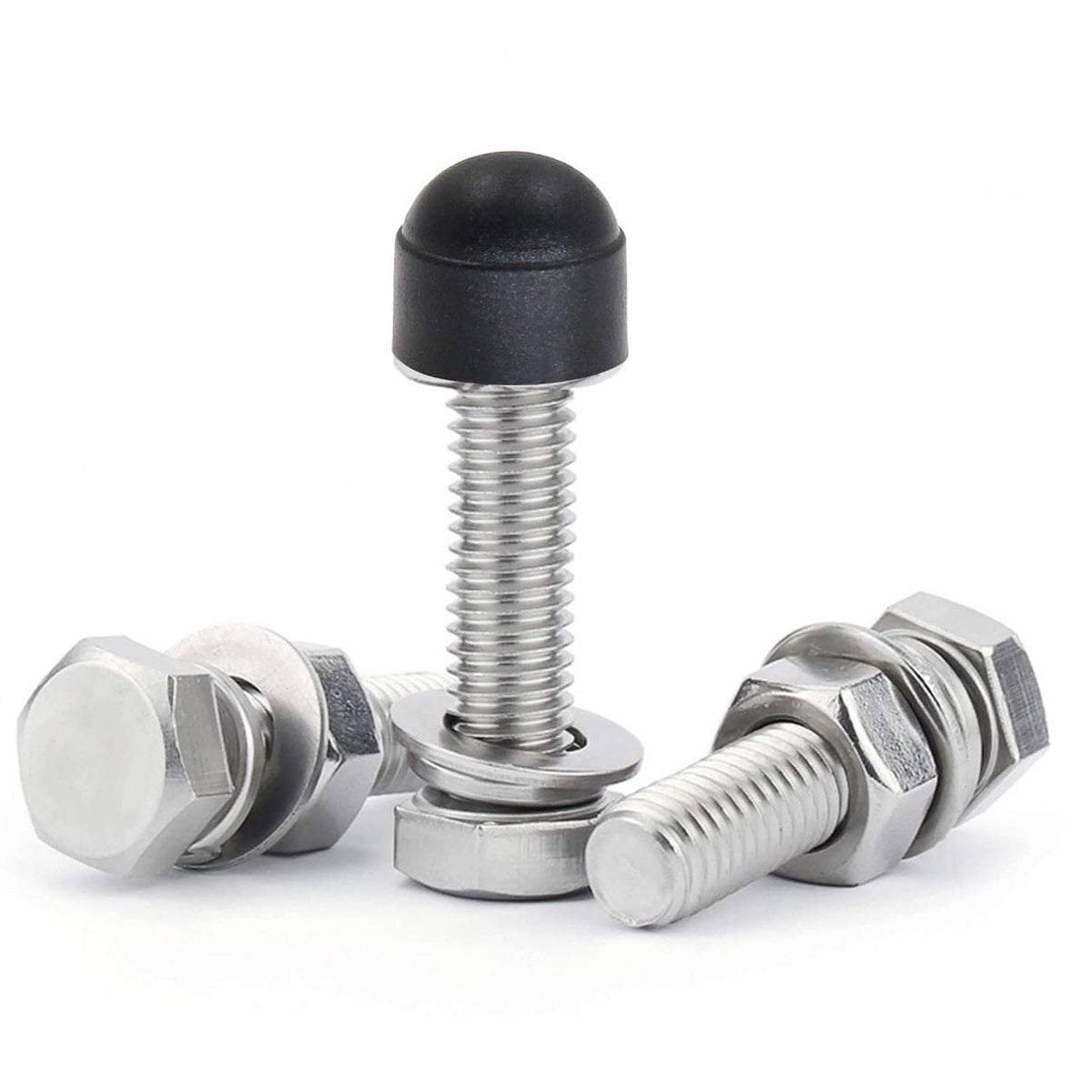 Black domed bolt head cover on silver hex bolts with threaded shafts