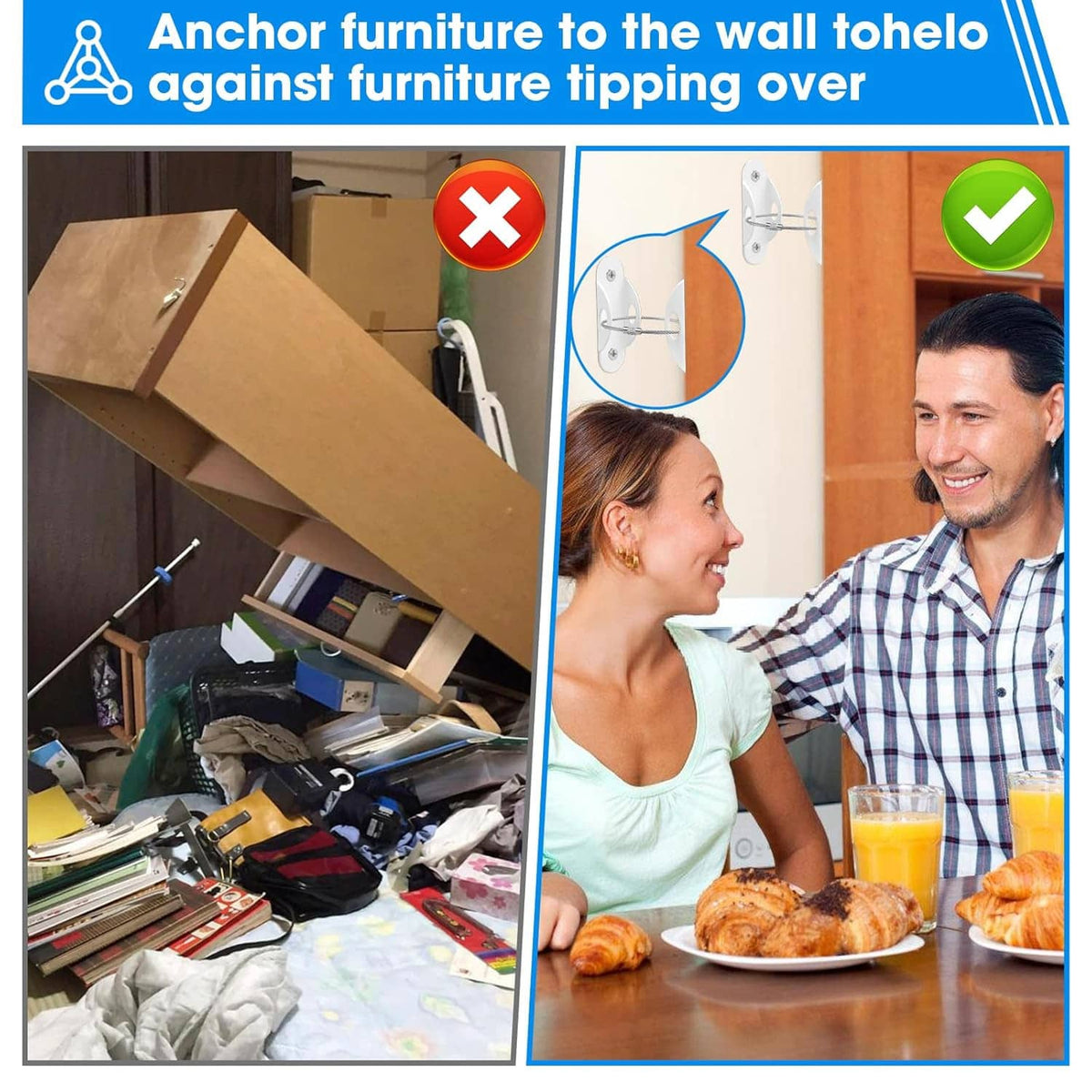Wall-mounted furniture anchor cable set to help prevent furniture tipping