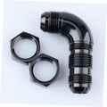 Black AN elbow fitting with two hex nuts and threaded male flare end