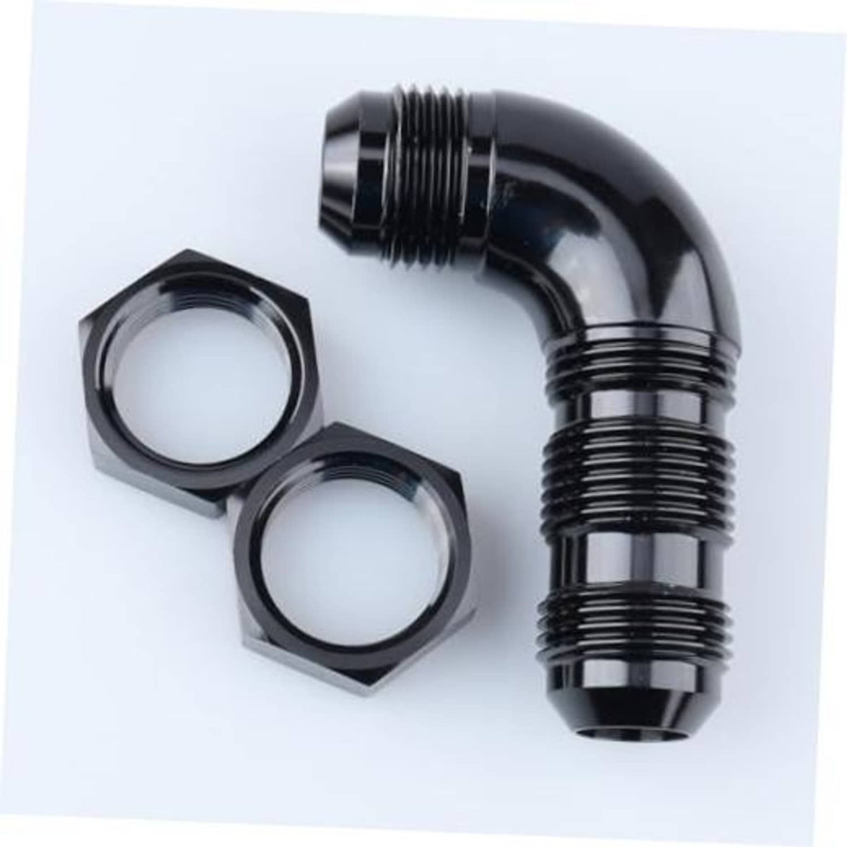 Black AN elbow fitting with two hex nuts and threaded male flare end