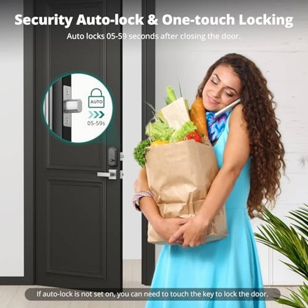 Keyless smart door lock with satin nickel lever handle on dark door