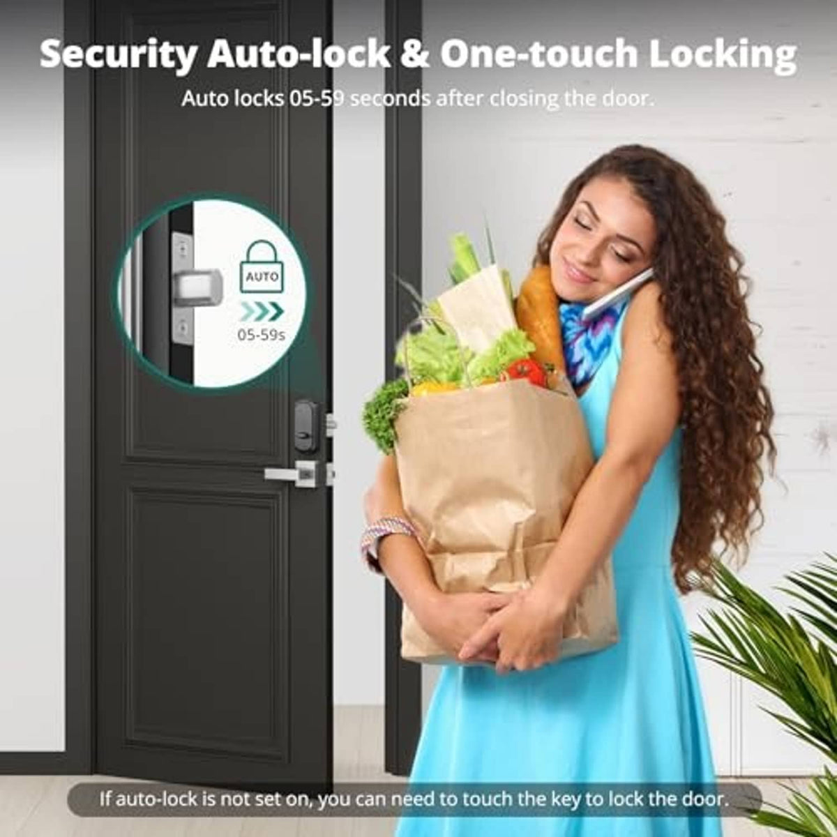 Keyless smart door lock with satin nickel lever handle on dark door