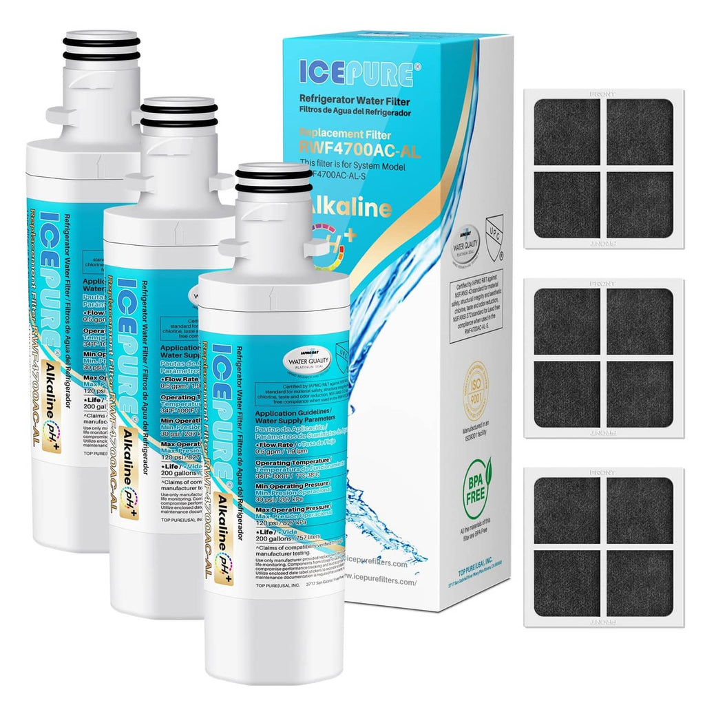 Refrigerator water filter set, three white cartridges with blue alkaline labels