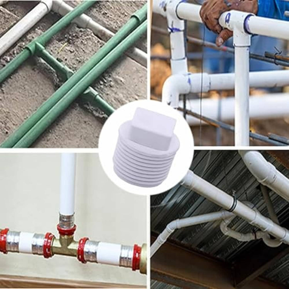 White PVC male threaded plug cap fitted on pipe fittings