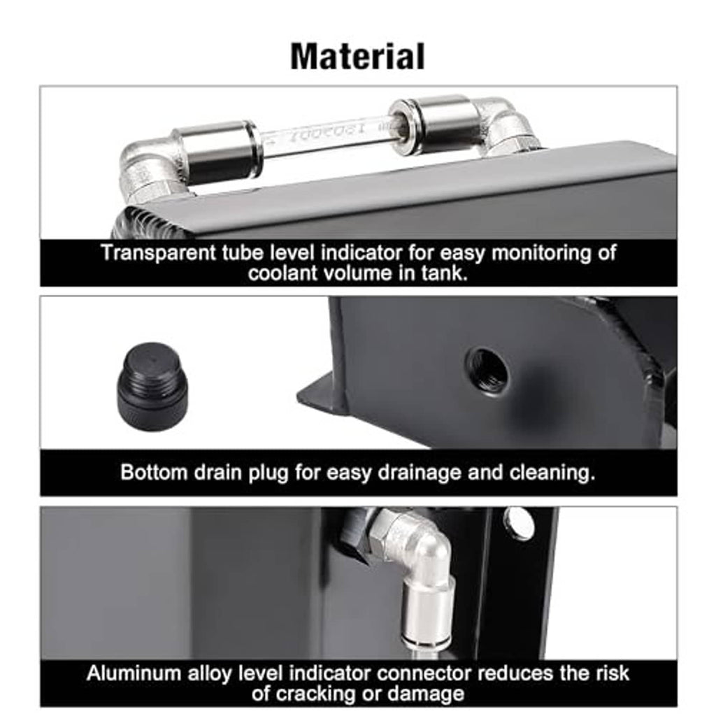 Coolant overflow tank material features: drain plug, level indicator tube, and connectors