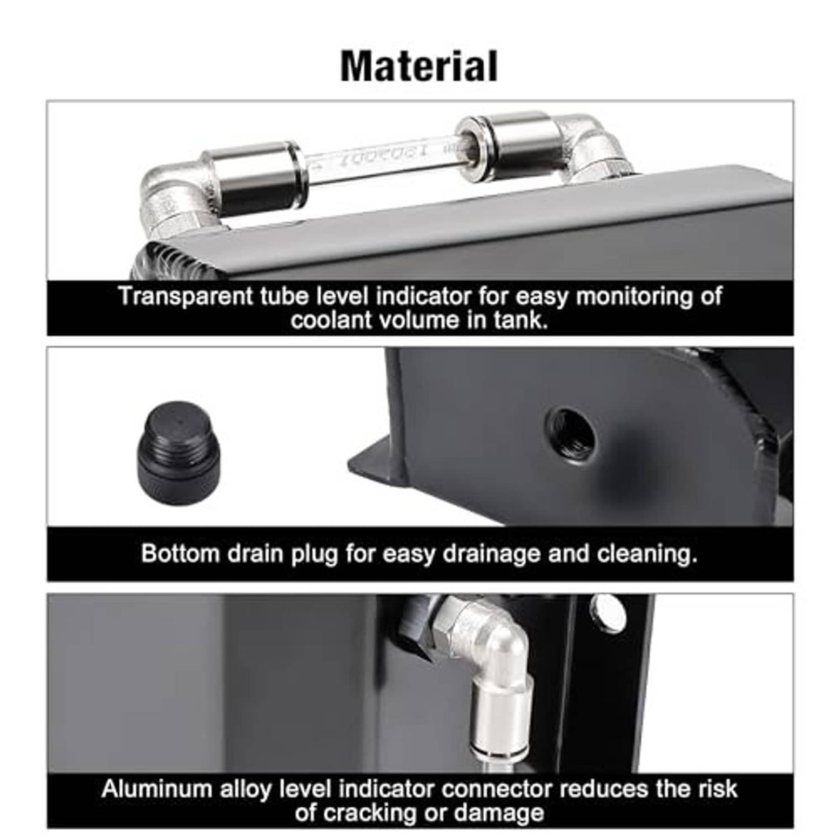 Coolant overflow tank material features: drain plug, level indicator tube, and connectors