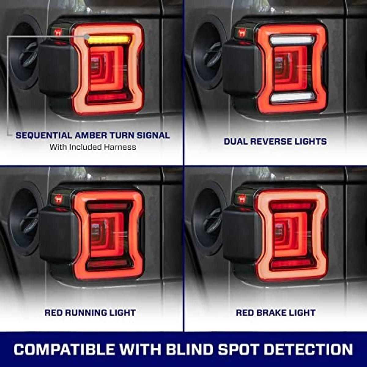 Smoked LED tail lights showing red illumination with glowing border outlines