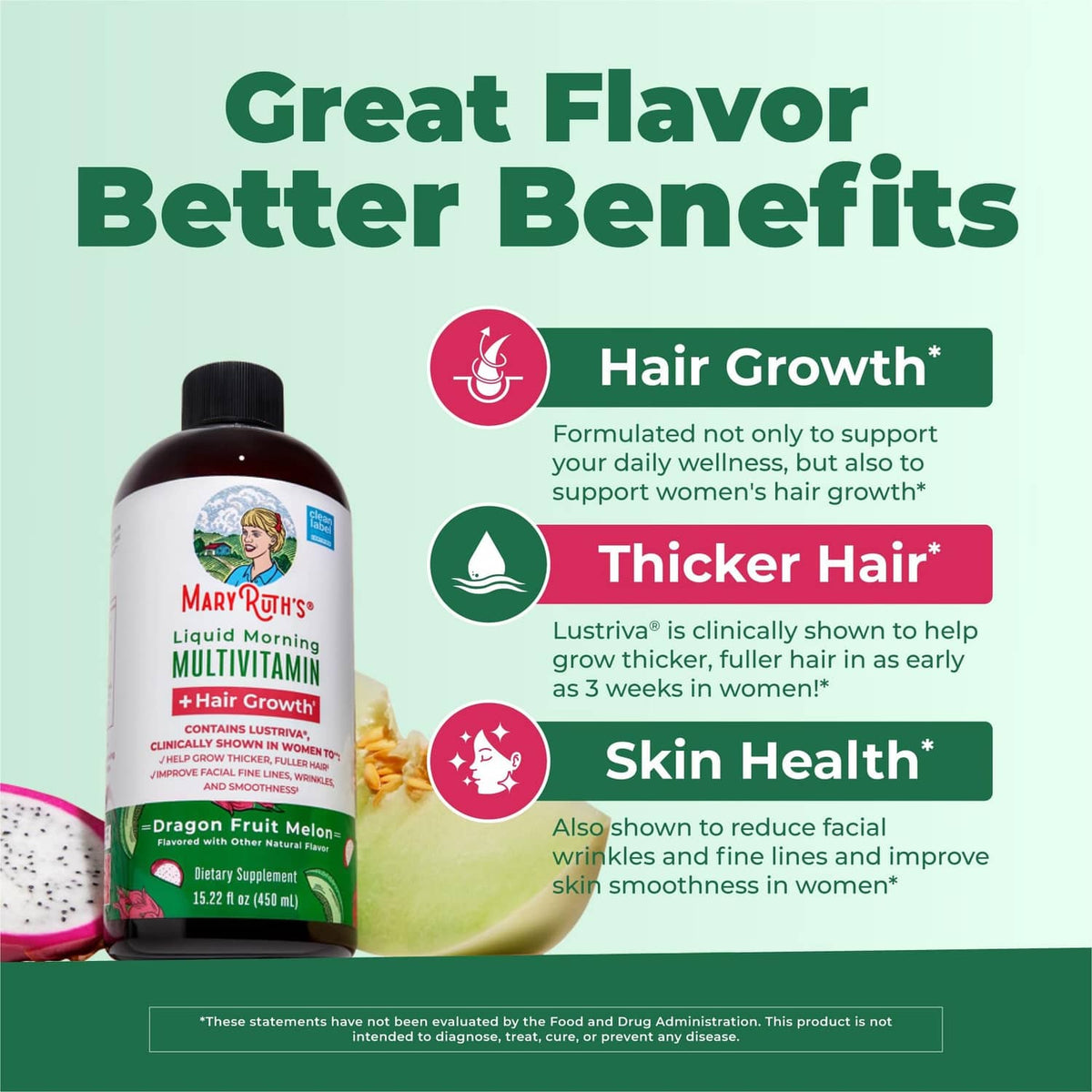 Liquid morning multivitamin bottle with hair growth, thicker hair, and skin health badges