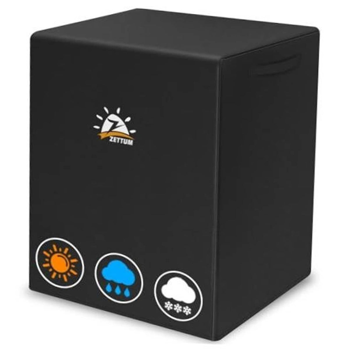 Black heavy-duty outdoor air conditioner unit cover with ZETTUM logo and corner panel
