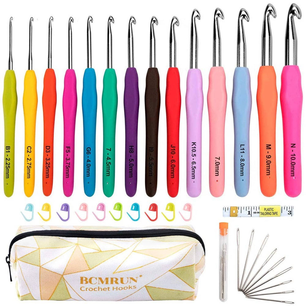 Crochet hook set: 14 soft-grip handles in multiple colors with zip storage pouch