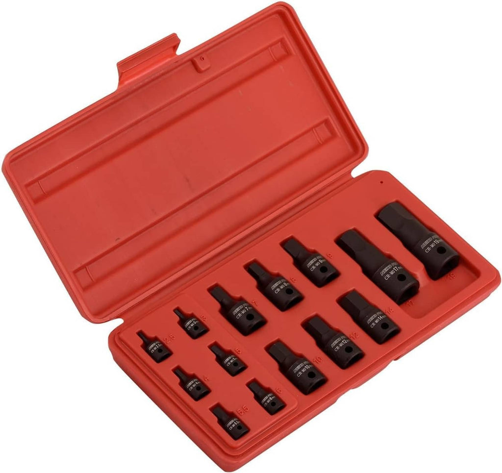 Metric hex allen bit sockets in red molded case, mixed drive sizes and markings
