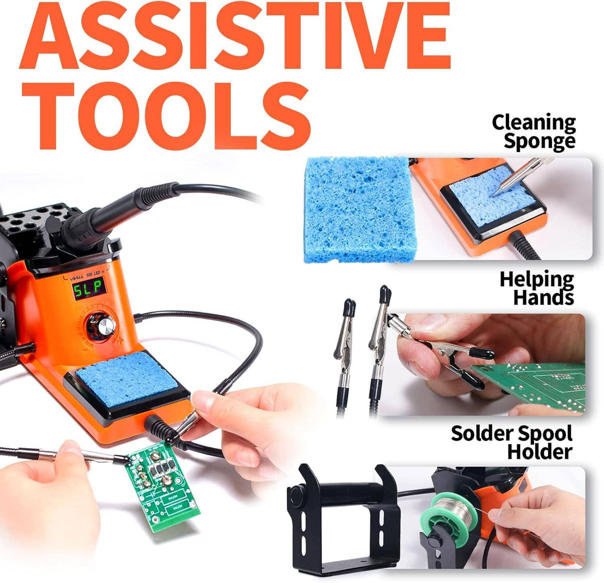 Orange soldering iron station kit with sponge, helping hands, solder spool, spare tips